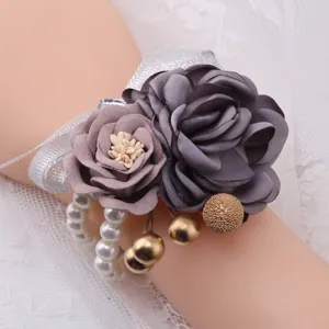 Korean style wedding wrist corsage artificial flower bracelet with pearls and ribbon decor