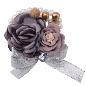 Korean style fabric rose corsage with pearls silver ribbon crystal heart wedding accessory detail