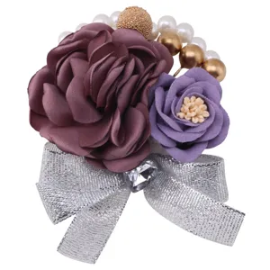 Korean style wedding corsage brooch with purple fabric flowers silver bow pearls and crystal detail