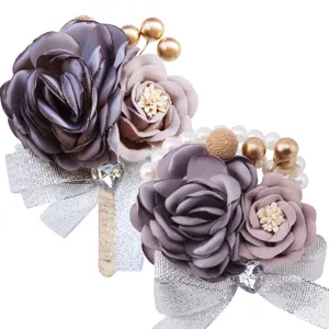 Korean style wedding boutonniere wrist flower set with artificial fabric roses and silver bow.
