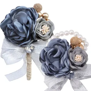 Korean style wedding bride groom boutonniere wrist corsage artificial flower set with silver bow