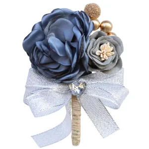 Korean style wedding groom boutonniere corsage with blue rose and silver glitter ribbon.