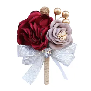 Korean style wedding groom corsage artificial rose flower suit accessory with glitter ribbon