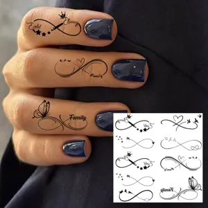 Tatuajes temporales negros minimalistas para dedos con símbolo de infinito y mariposa.