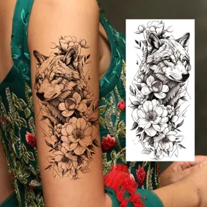 Waterproof temporary wolf flower tattoo sticker for arm and leg body art decoration.