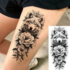 Wolf peony temporary tattoo sticker for arm and leg waterproof realistic body art design
