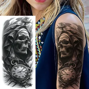 Dark gothic skull temporary tattoo sticker, waterproof arm body art decal for Halloween.