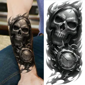 Temporary tattoo sticker gothic skull pocket watch flame arm leg waterproof body art decor