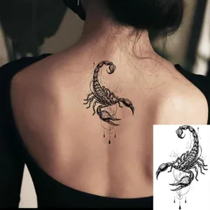 Waterproof temporary scorpion tattoo sticker for back body art, realistic black design.