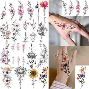Autocollants de Tatouage Temporaire Imperméables Floral Rose Lotus Main Doigt Faux Tatouages Art Corporel Maquillage Autocollants Pour Femmes Fête