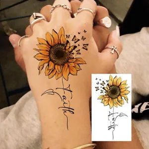 Autocollant de tatouage temporaire papillon tournesol pour art corporel à la main, imperméable.