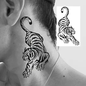 Temporary waterproof tattoo sticker featuring fierce black tiger design for neck and body.