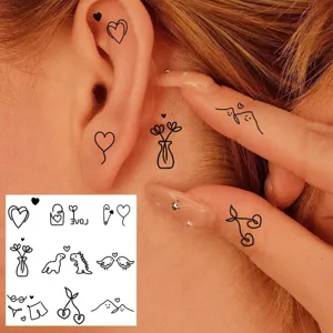 Y2K minimalist finger and ear temporary tattoo stickers, cute line art design sheet.