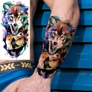 Waterproof watercolor wolf temporary tattoo sticker for arm and leg body art design.