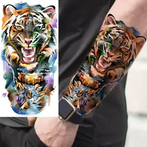 Waterproof temporary tattoo sticker with colorful watercolor tiger design for arm and leg.