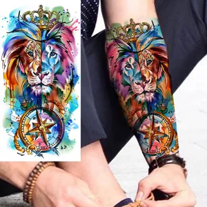 Watercolor lion crown compass temporary tattoo sticker waterproof arm leg body art decors