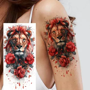Watercolor lion red rose tattoo sticker waterproof temporary body art for arm and leg
