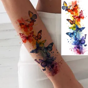 Watercolor butterfly temporary tattoo sticker for arm and leg, colorful body art design.