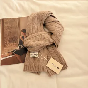 Cozy khaki cable knit scarf for women winter warm wool blend thick muffler fashion accessory.