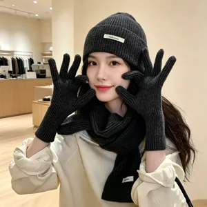Einfarbiges gestricktes Wintermütze Schal und Handschuhe Set für warme Damenbekleidung.
