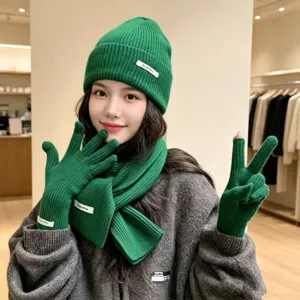 Grünes Strickmütze Schal und Handschuhe Set Detailansicht mit weicher Textur für den Winter.