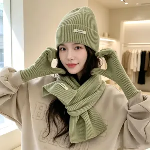 Gruene Strickmuetze Schal und Handschuhe Set fuer Damen warme Wintermode kuscheliges Outfit