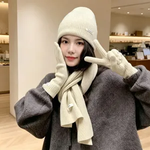 Damen Winter 3-Teiliges Strickset Einfarbig Kaschmir-Imitat Mütze Schal Und Handschuhe Set Warmes Geripptes Set Für Weihnachten Neujahr