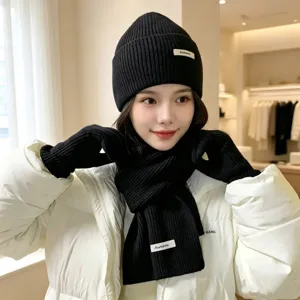 Schwarze Mütze Schal und Handschuhe Set für Damen warme gemütliche Wintermode Alltag.