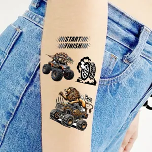 Adesivo per tatuaggio temporaneo impermeabile con design di monster truck e leone per il corpo.