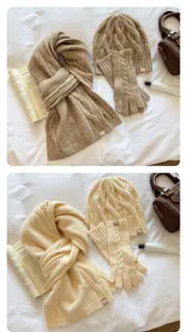 Winter knitted three-piece set scarf hat gloves solid cable knit warm unisex fashion accessory