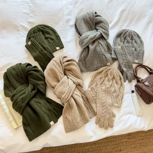 Winter knit three piece set scarf hat and gloves solid cable knit warm fashion casual outfit.
