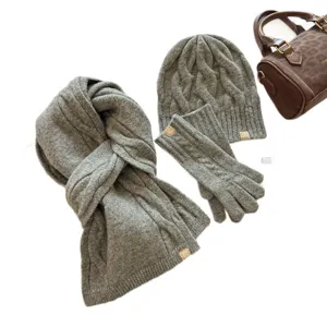 Winter knitted 3-piece set scarf hat gloves solid color cable knit grey warm daily wear