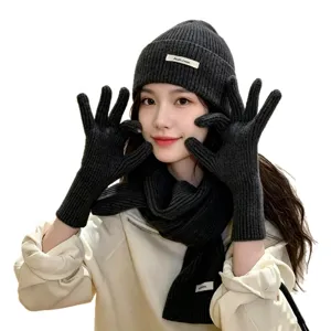 Dunkelgraues Strick drei Teile Set Mütze Schal Touchscreen Handschuhe Winter warm