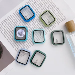 Detailed shot of frosted PC protective cases and screen films for Apple Watch series.