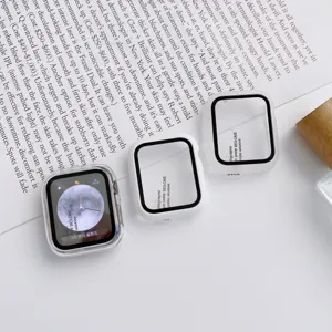 Detail view of matte and clear PC protective bumper cases compatible with Apple Watch Series.