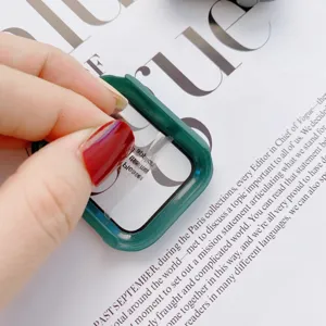 Apple watch protective PC case detail shot showing matte texture and screen film peeling process.