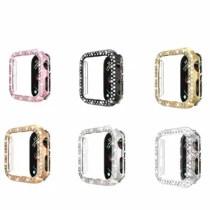 Dubbelrij strass PC beschermhoes voor Apple Watch, glanzende gegalvaniseerde hardcase.