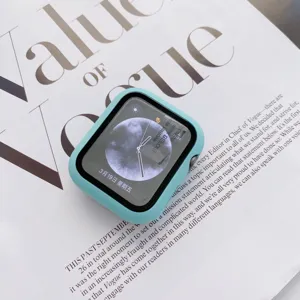 Detailed view of the matte PC protective case for Apple Watch, full cover design in light blue.