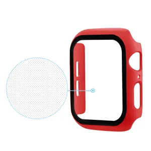 Closeup view of the red matte protective PC case with built-in screen protector detail.