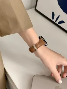 Brown leather watch strap compatible with smart watch, stylish slim replacement wristband