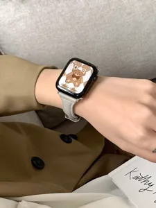 Detailed view of a sleek leather replacement strap and case for Apple Watch, elegant style.