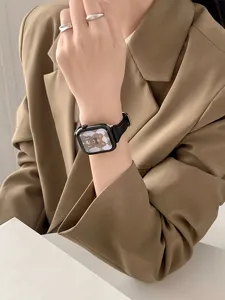 Black leather watch strap and protective case designed for smartwatches, elegant daily style.