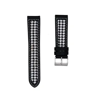 Houndstooth watch strap compatible with smartwatches, premium leather and fabric design.