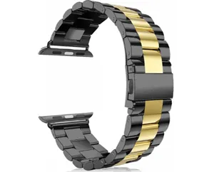 RVS schakelhorlogeband compatibel met Apple Watch, zwart en goud metalen ontwerp detail.