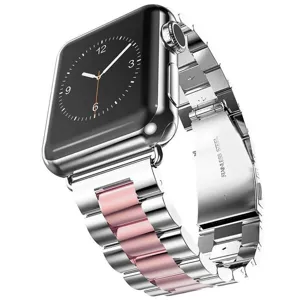 Roestvrijstalen metalen schakelhorlogeband met roze accenten voor smartwatch modellen.