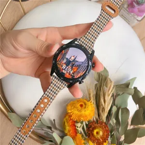 Λουράκι ρολογιού από καμβά houndstooth συμβαδίζει με smartwatch, λεπτομέρεια.