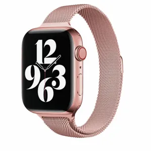 Detailed view of the rose gold Milanese magnetic metal watch strap paired with a smartwatch.