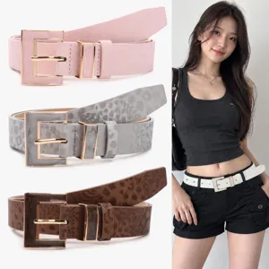 Cinturón de Cuero PU con Estampado de Leopardo para Mujer con Hebilla Cuadrada de Aleación Cinturón de Cintura Vintage de Moda para Jeans