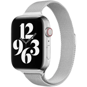 Stainless steel Milanese loop magnetic strap replacement for Apple Watch silver fashion band.