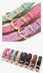 Vue détaillée de la ceinture en cuir gaufré rétro pour femmes avec boucle en métal doré.